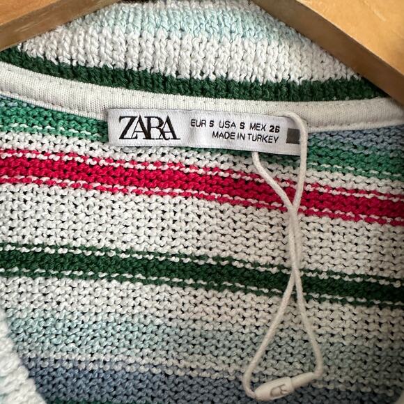 ZARA | White Cotton Blend Striped Collared Short Sleeve Cardigan Sweater | Small - Picture 3 of 7